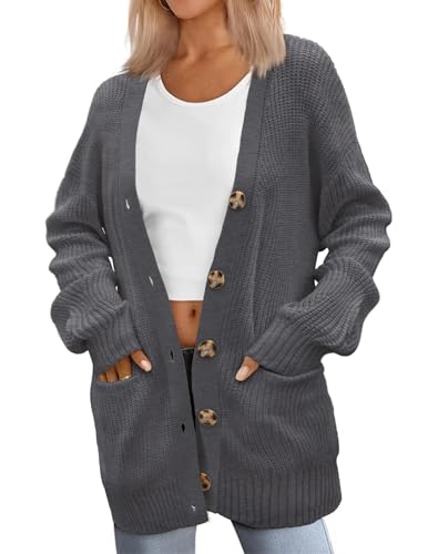 Zeagoo Damen Strickweste Casual Locker Strickjacke mit Knöpfen Warme Oversized Cardigan Herbst Winter Taschen Grau XL von Zeagoo