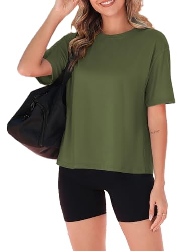 Zeagoo Damen Shirt Kurzarm Rundhals Oversized Tshirt Sommer Basic Sport T-Shirt Armeegrün XL von Zeagoo