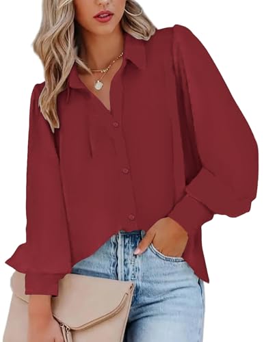 Zeagoo Damen Hemd Elegant Langarm V-Ausschnitt Blusen Casual Puffärmel Oberteile mit Knöpfen Einfarbig Business Hemdbluse Weinrot XL von Zeagoo