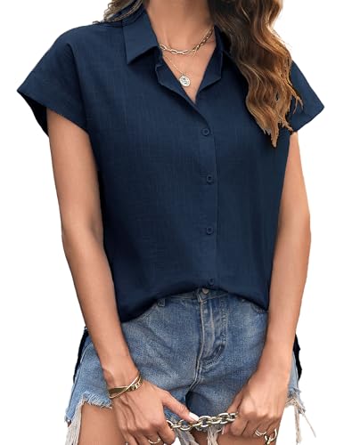 Zeagoo Leinenbluse Damen Musselin Bluse Kurzarm Elegant Tuniken Sommer V-Ausschnitt Oberteile Lässig 100% Baumwolle Hemdbluse Casual Sommerblusen A-Marineblau S von Zeagoo