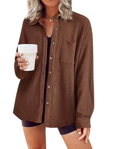 Zeagoo Bluse Damen Freizeit Bluse Waffel Hemdjacke Langarm Bluse Mantel Jacke Oberteile Button Down Freizeitjacke mit Taschen Braun S von Zeagoo