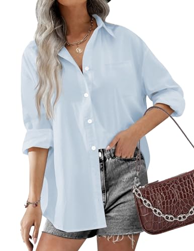 Zeagoo Damen Hemd Langarm Baumwolle Freizeit Bluse Tunika Shirt Elegant Hemdbluse Locker Longshirt Tops Blau XL von Zeagoo