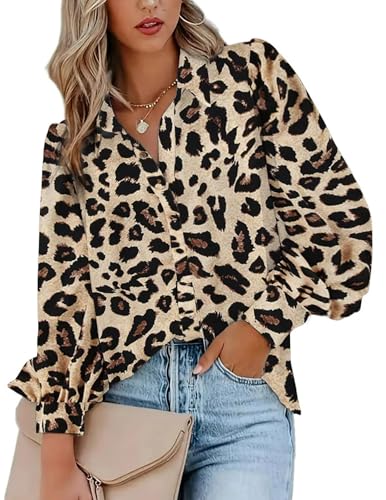 Zeagoo Damen Hemdbluse Sommer Locker Blusen Langarm V-Ausschnitt Hemd Casual Elegant Puffärmel Oberteile mit Knöpfen Leoparden XL von Zeagoo