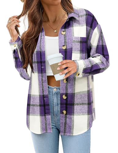 Zeagoo Damen Hemdjacke Herbst Flanell Jacke mit Taschen Button-Down Blusenjacke Karierte Oberteile Langarm Shacket Lila L von Zeagoo