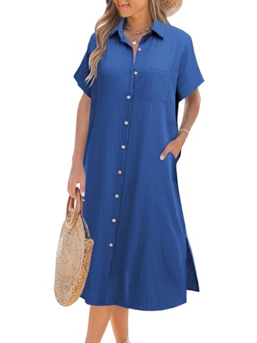 Zeagoo Damen Hemdkleid Lang Strandkleid mit Knöpfen Luftig Kurzarm Blusenkleid Sommer Strandbluse Casual Strandhemd Royal Blau M von Zeagoo