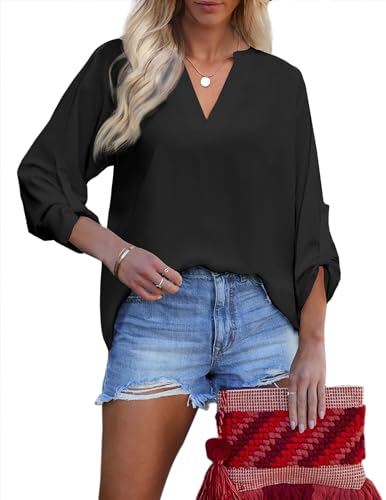 Zeagoo Damen Bluse Elegant Tunika Tops V-Ausschnitt Henley Hemdbluse Aufrollbaren Ärmeln Oberteile Locker Blusen Langarm Hemd Schwarz M von Zeagoo