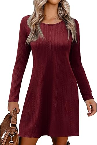 Zeagoo Damen Herbst Kleider Langarm Rundhal Pulloverkleid Lässig Stil Strickkleider Elegant Kleid Weinrot S von Zeagoo