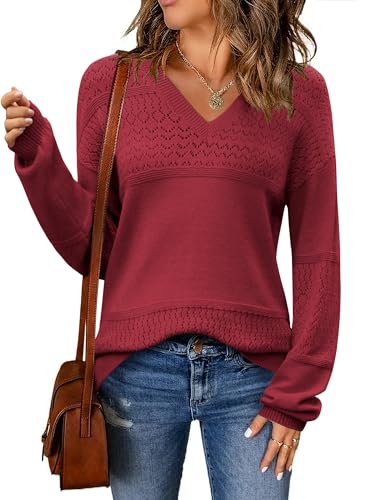 Zeagoo Damen Winter Strickpullover V Ausschnitt Warm Langarmshirt Hollow Out Oberteil Top Laternenärmel Pullover Burgunderrot L von Zeagoo