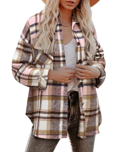 Zeagoo Damen Herbst Winter Casual Oversized Hemdjacke Knöpfen Mantel Warme Langarmshirt Bluse Karierte Jacke Rosa S von Zeagoo