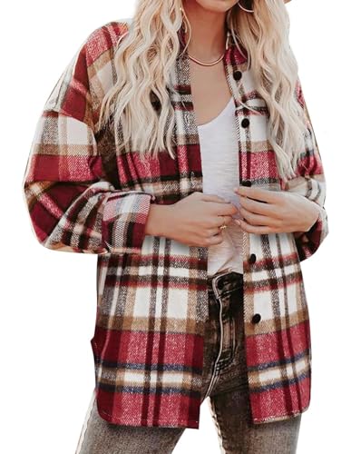 Zeagoo Damen Herbst Winter Casual Oversized Hemdjacke Knöpfen Mantel Warme Langarmshirt Bluse Karierte Jacke Rot S von Zeagoo