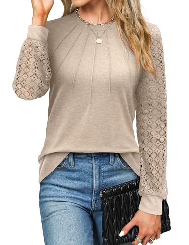 Zeagoo Damen Herbst und Winter Spitzen Bluse Elegante Langarmshirt T-Shirts Casual Langarm Lässig Shirt Oberteile Tops Braun XL von Zeagoo