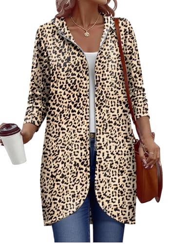 Zeagoo Damen Herbstjacke 2025 Reißverschluss Hoodies Langarm Lange Tunika Sweatshirts Oversized Fleece Casual Mantel mit Tasche, A_Fleece-Stoff_Leopard, L von Zeagoo