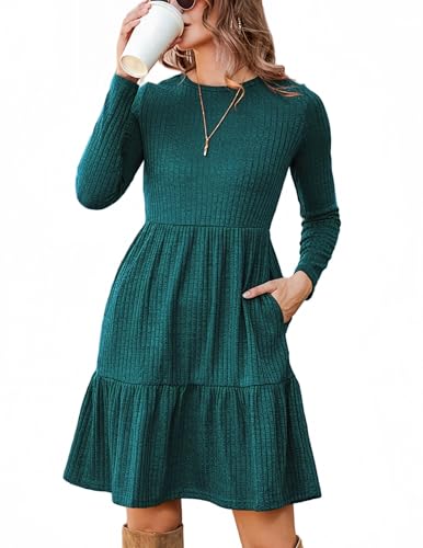 Zeagoo Damen Herbstkleid Freizeit Langarm Rundhals Midikleid Elegant Knielang Pulloverkleid mit Taschen Herbst Dünn Strickkleid Blaugrün L von Zeagoo