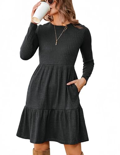 Zeagoo Damen Herbstkleider Casual Rundhals Langarm Midikleid Herbst Elegant Knielang Pulloverkleid Dünn A Linie Kleid mit Taschen Grau XXL von Zeagoo