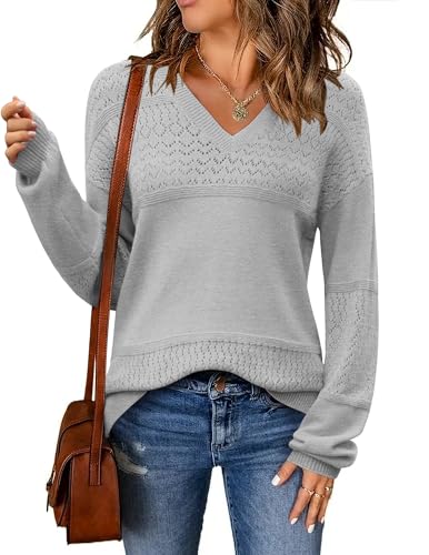 Zeagoo Damen Langarm Sweater V Ausschnitt Hollow Out Pullover Casual Ribbed Knit Winter Oberteil Weich und Bequem Strickpulli Hellgrau L von Zeagoo