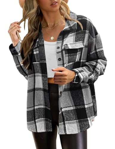 Zeagoo Damen Holzfäller Jacke Hemdjacke Urban Style Hemdbluse Oversize Kariert Herbst Winter Freizeit Karobluse Retro Karo Basic Jacke Schwarz L von Zeagoo