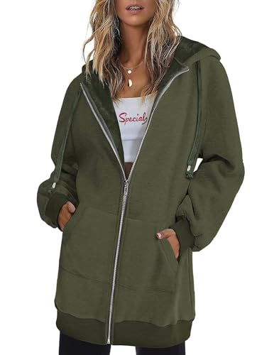 Zeagoo Damen Hooded Sweatshirt Lang Basic Zipper Hoodie Winter Solid Kordelzug Kapuzenjacke Warm Lockere Passform Sweatjacke mit Taschen Armeegrün XXL von Zeagoo