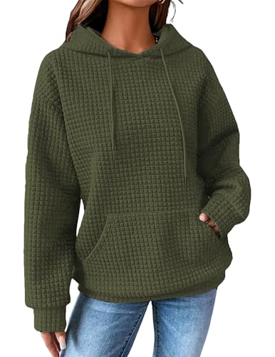 Zeagoo Hoodie Damen Waffel Kapuzenpullover mit Kapuze Lässig Langarm Lockeres Oberteil Einfarbig Pullover Kordelzug Sweatshirt mit Tasche Armeegrün L von Zeagoo