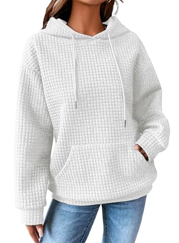Zeagoo Hoodie Damen Oversize Kapuzenpullover mit Kapuze Casual Waffel Pullover Langarm Sweatshirt Winter Kapuzenpulli Oberteil mit Tasche Weiß S von Zeagoo