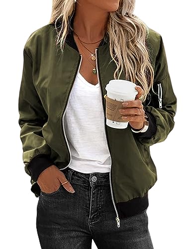 Zeagoo Damen Jacke Kurz Langarm Bomberjacke Leichte Dünne Fliegerjacke Motorradjacke Einfarbig Übergangsjacke Blouson Grün Outwear für Fruhling Sommer Herbst XXL von Zeagoo