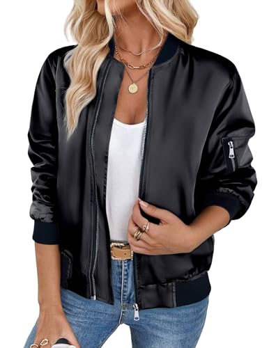 Zeagoo Damen Jacket Herbst Casual Einfarbig Blouson Jacke Elegant Übergangsjacke College Jacke Fliegerjacke für Winter Schwarz 3XL von Zeagoo