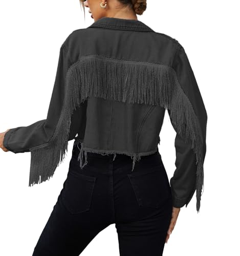 Zeagoo Damen-Jeansjacke, lässig, langärmelig, Used-Look, zerrissener Cropped-Mantel, Fransenjacke, Jeansjacke, Größe XS-XXL, Schwarz, S von Zeagoo