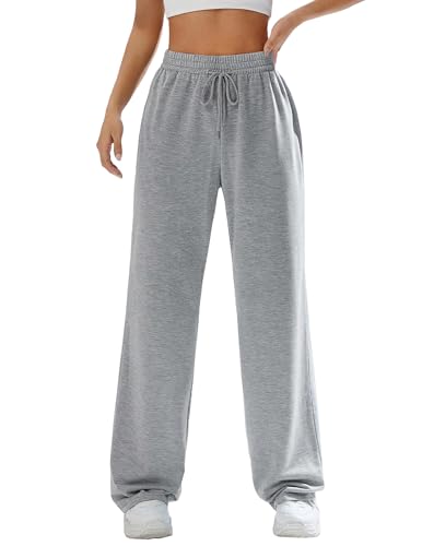 Zeagoo Damen Hose Weites Bein Freizeithose mit Taschen Elastischer Bund Hose mit elastischer Taille Baggy Jogginghose Sport Hellgrau L von Zeagoo