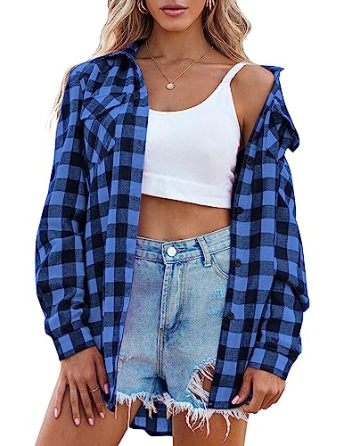 Zeagoo Damen Karierte Bluse Langarm GeknöPftes Hemd mit V Ausschnitt 3/4 Arm Karohemd V Neck Weiche Tunika Sommer Blau XXL von Zeagoo