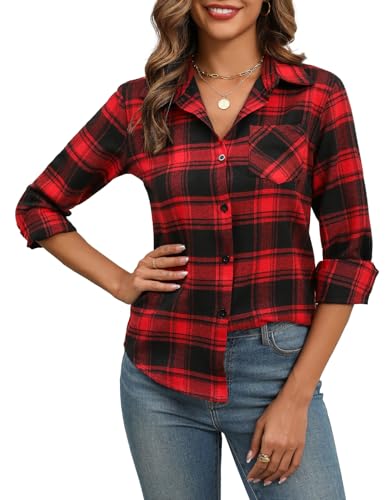 Zeagoo Damen Karierte Bluse Langarm V-Ausschnitt Hemd Elegant Trachtenbluse Oktoberfest Bluse Tunika Tops Casual Button-down Blusen Rot Schwarz XXL von Zeagoo