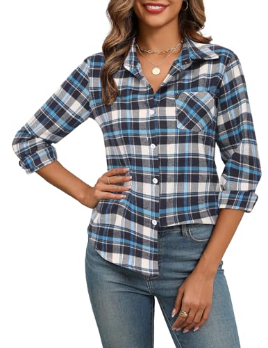 Zeagoo Damen Karierte Hemd Elegant Trachtenbluse Langarm V-Ausschnitt Blusen Oktoberfest Bluse Tuniken Hemdbluse Tunika Tops Casual Button-down Blusen Blau Schwarz XL von Zeagoo