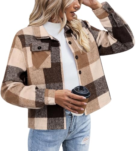 Zeagoo Übergangsjacke Damen Kariertes Kurzjacke Shacket Mantel Jacke Herbst Winter Hemdjacke Flanellhemd Karierte Hemd Bluse Khaki L von Zeagoo