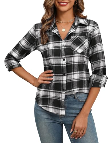 Zeagoo Damen Kariertes Bluse Elegant Trachtenbluse Langarm V-Ausschnitt Hemd Oktoberfest Bluse Tunika Tops Casual Button Down Blusen Schwarz Weiß XL von Zeagoo