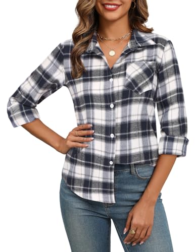 Zeagoo Damen Kariertes Bluse Langarm V-Ausschnitt Hemd Elegant Trachtenbluse Oktoberfest Bluse Tunika Tops Casual Button-down Blusen Dunkelblau XXL von Zeagoo