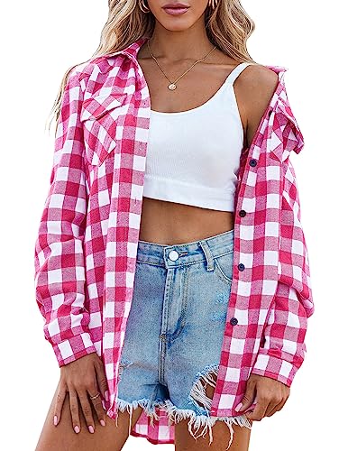 Zeagoo Damen Kariertes Hemd Langarmshirt V-Ausschnitt Plaid Hemd mit KnöPfen Oberteile Karo Hemdbluse Oktoberfest Rosa L von Zeagoo