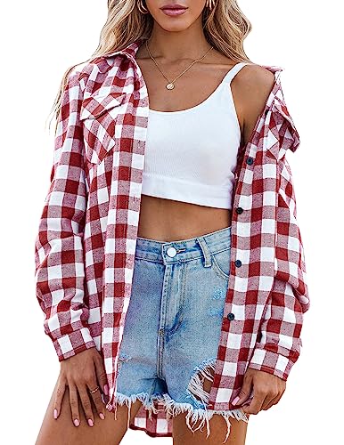 Zeagoo Damen Kariertes Hemd Langarmshirt V-Ausschnitt Plaid Hemd mit KnöPfen Oberteile Karo Hemdbluse Oktoberfest Weinrot XXL von Zeagoo