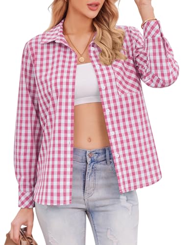 Zeagoo Damen Kariertes Hemd mit Knopfleiste Langarm Oktoberfest Bluse Karo Tunika Baumwolle Tops Casual V-Ausschnitt Oberteile Rosa XXL von Zeagoo