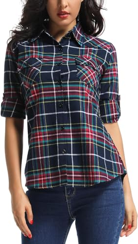 Zeagoo Damen Kariertes Hemdbluse Langarm Oktoberfest Bluse Karo Hemd Baumwolle Tunika Casual V-Ausschnitt Oberteile Tops von Zeagoo