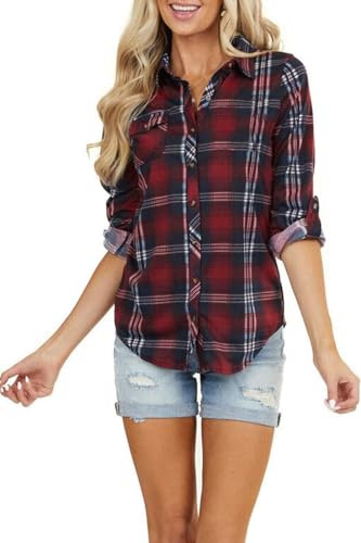 Zeagoo Damen Kariertes Hemdbluse Langarm Oktoberfest Bluse Karo Hemd Baumwolle Tunika Casual V-Ausschnitt Oberteile Tops von Zeagoo