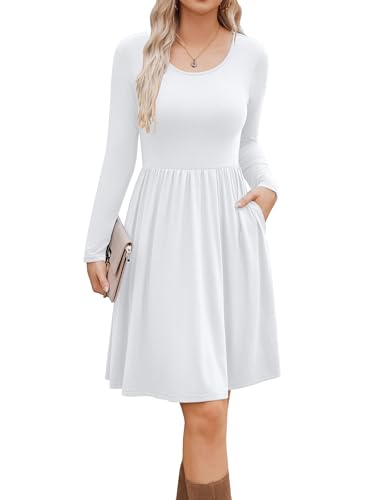 Zeagoo Damen Kleid A-Linie Freizeitkleider Rundhals Herbst Casual Kleid Langarm Elegant Kleider mit Taschen Weiß S von Zeagoo