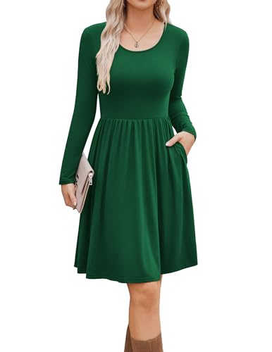 Zeagoo Damen Kleid A-Linie Freizeitkleider Rundhals Midikleid Langarm Elegant Kleider mit Taschen Grün XXL von Zeagoo