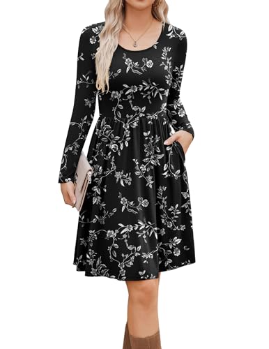 Zeagoo Damen Kleid A-Linie Langarm Freizeitkleider Rundhals Midikleid Elegant Kleider Blumenkleid mit Taschen M von Zeagoo