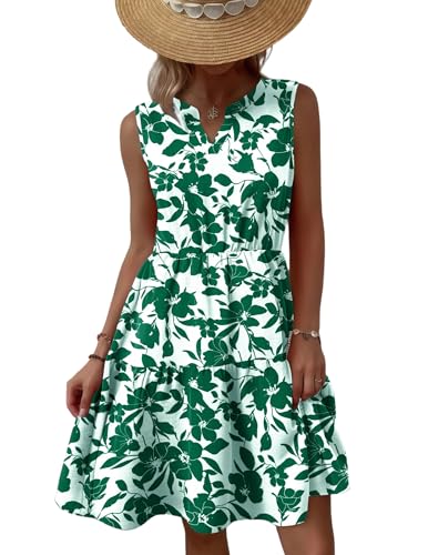 Zeagoo Damen Sommerkleider Elegante V Ausschnitt Knielang Kleid Lässiges A-Linie Minikleid Ärmellos Floral Tank Kleider Hohe Taille Tunikakleid Grün Blumendruck XXL von Zeagoo
