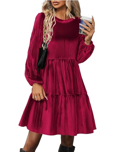 Zeagoo Kleid Damen Winter Kurz Langarm Laternenärmel Casual Kleider Elastischer Hoher Taille Herbstkleid Vintage Velvet Kleid Weinrot M von Zeagoo