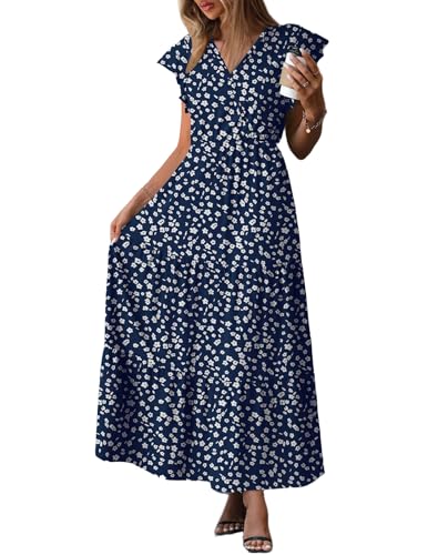 Zeagoo Kleid Damen Sommer Elegante Maxikleid Kurzarm V Ausschnitt Floral Freizeitkleider Elastisches Taille Lang Rüschen Tunikakleid Weiß Blumendruck M von Zeagoo