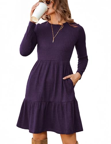 Zeagoo Damen Kleider Herbst Langarm Pulloverkleid Elegant Rundhals Herbstkleider mit Taschen Dünn Midi A Linie Strickkleid Violett XXL von Zeagoo
