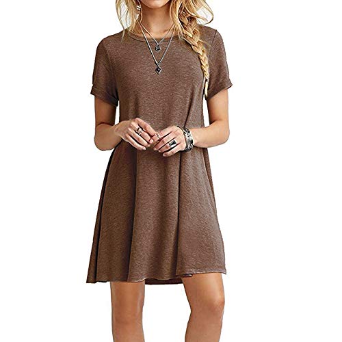 Zeagoo Damen Kleid Kurzarm Freizeit Sommerkleider Knielang Rundhals MiniKleid Lose Tunika Freizeitkleid Braun,L von Zeagoo
