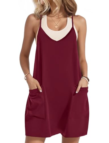Zeagoo Damen Latzkleider Ärmellos Sommer Einfarbig Latzrock Knielang V Ausschnitt Spaghetti Trägerkleid Locker Shift Strandkleid mit Taschen Weinrot M von Zeagoo