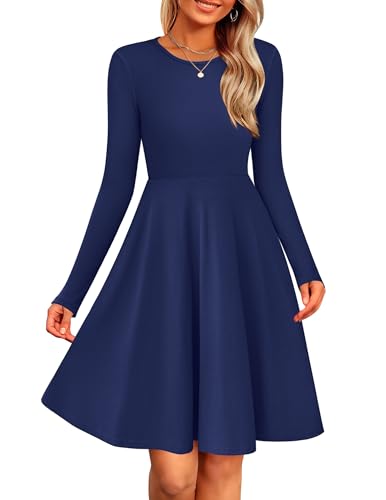 Zeagoo Damen Kleid Langarm Casual Rundhals Herbstkleid Elegant A-Linie Strickkleid Einfarbig Tunikakleid Winter Leichte Pulloverkleid Marineblau XXL von Zeagoo