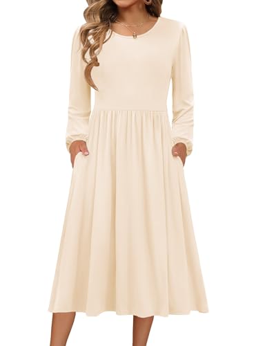 Zeagoo Damen Kleid Langarm Herbst Strickkleid Rundhals Pulloverkleid Elegant Midi Herbstkleid Casual Kleider A Linien mit Taschen Beige L von Zeagoo