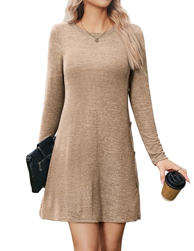 Zeagoo Damen Kleid Langarm Lässiges Kleider Knopf Tunikakleid Elegante Rundhals Knielang Pulloverkleid Einfarbig Freizeitkleid Hellbraun XXL von Zeagoo